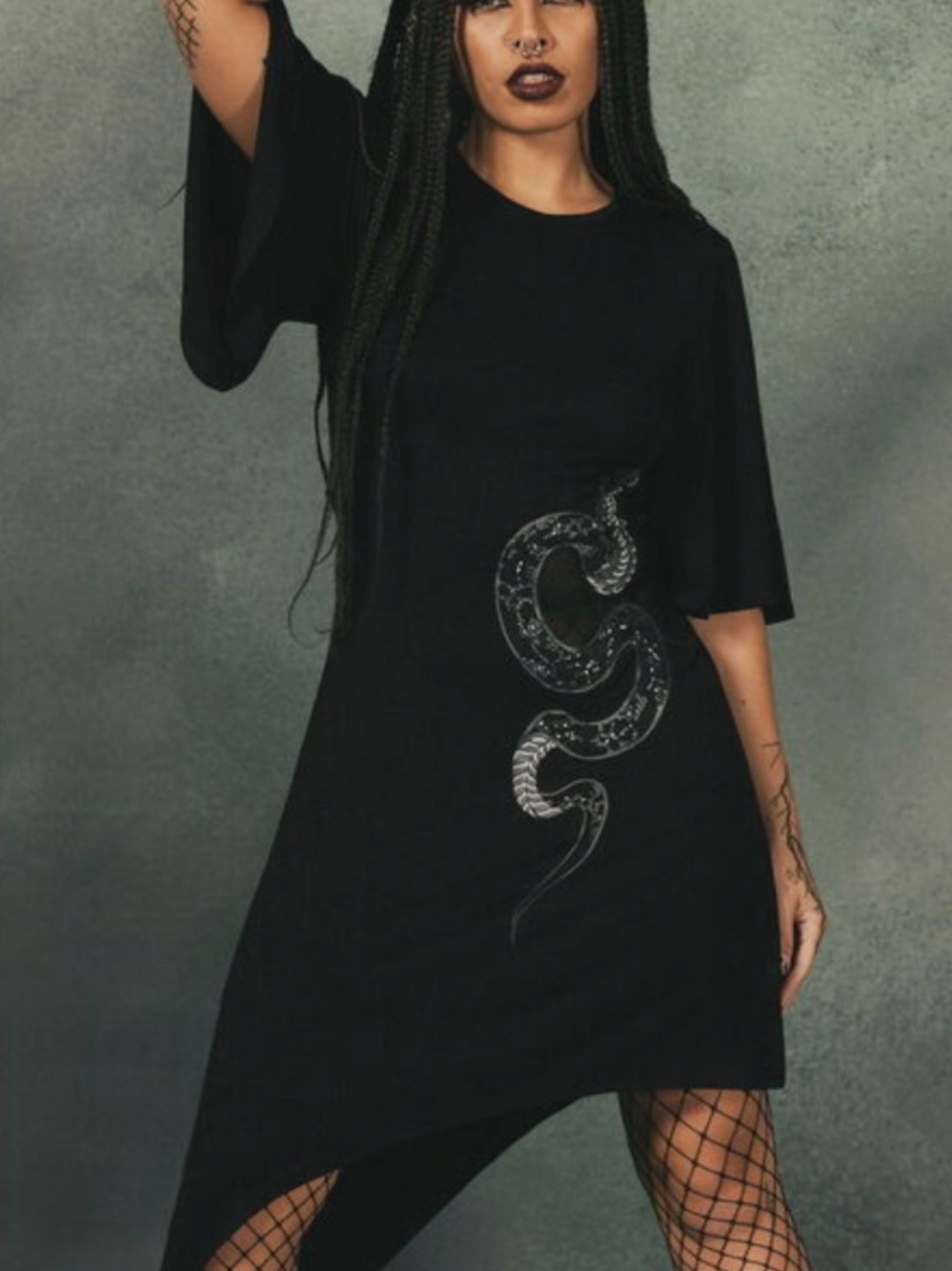 KILLSTAR Maple Asymmetric Dress M Snake   Graphic Mesh Stretch Goth Black Witchy